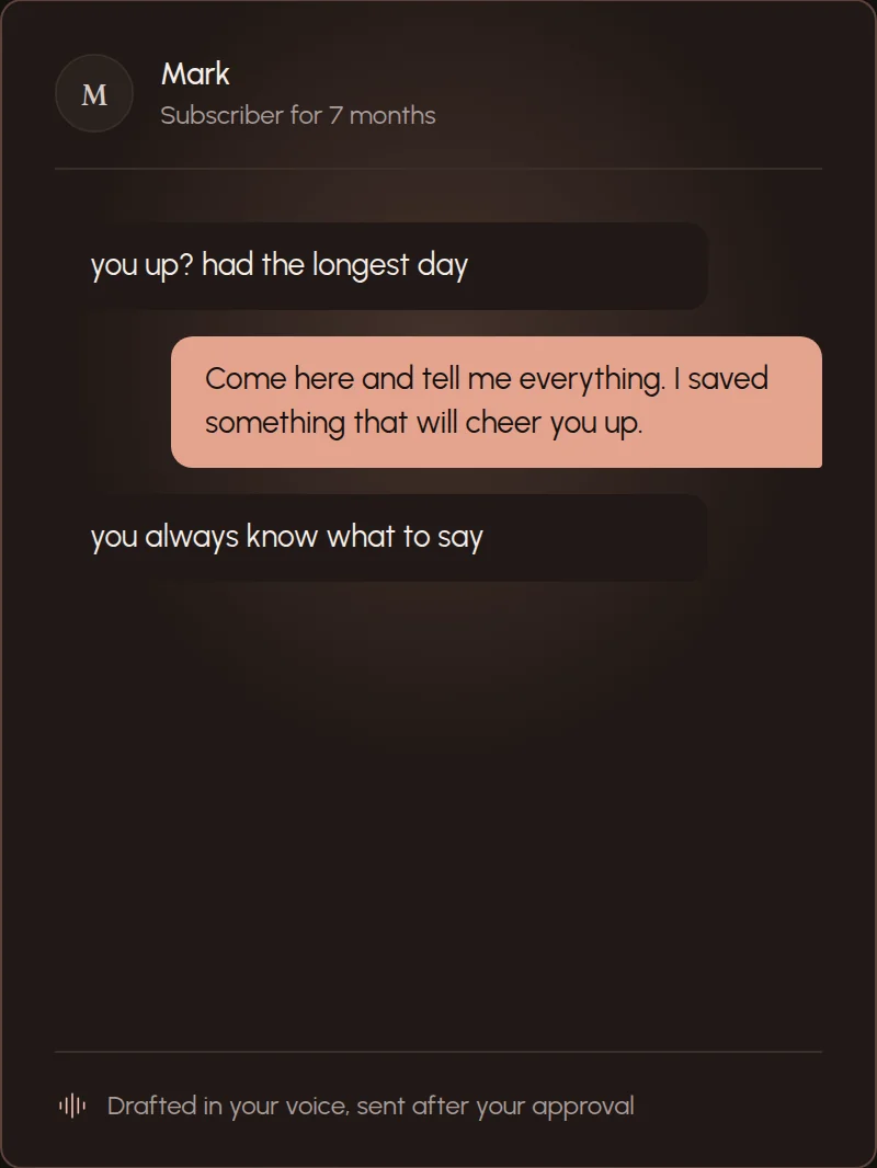 FansAgent fan thread with a reply written in the creator's voice waiting for approval