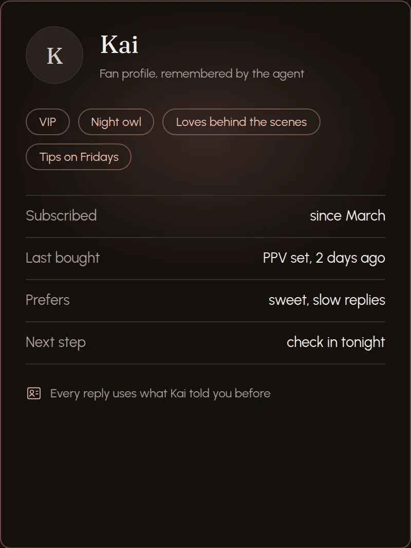 FansAgent fan profile of Kai with tags, last purchase, preferences and next step