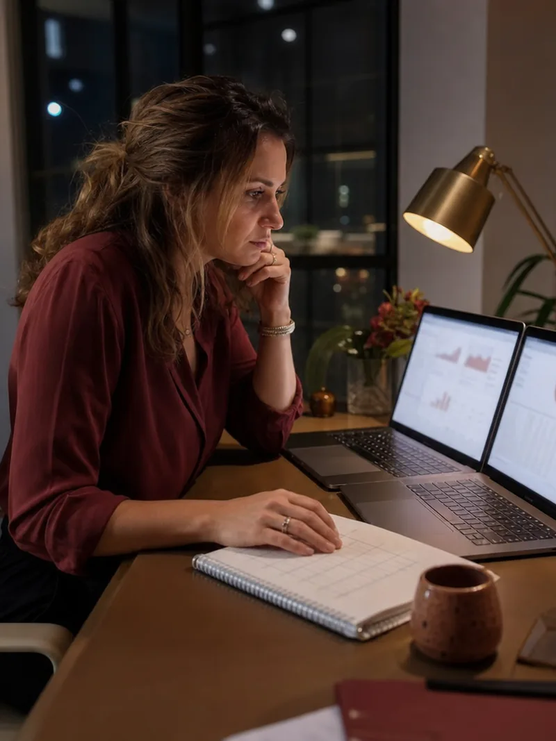 Agency manager comparing two CRM dashboards on two laptops late at night